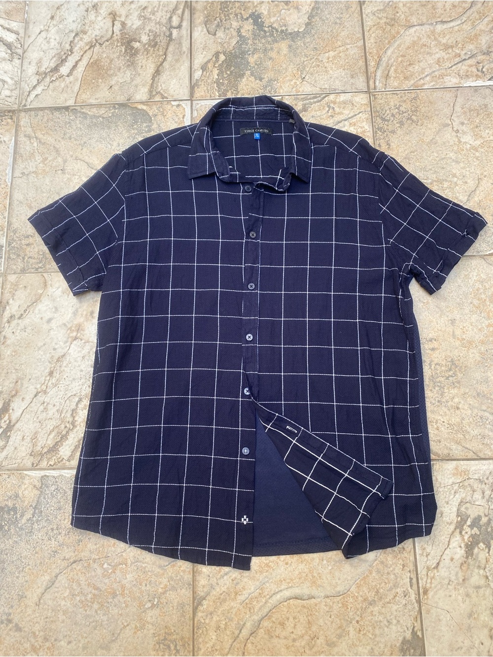 Vince Camuto Navy Windowpane Short Sleeve Shirt Size XL